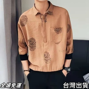 速.發 2025夏季新款男士寬鬆收口襯衫帥氣百搭襯衣男青年休閒七分鬆緊袖 台出