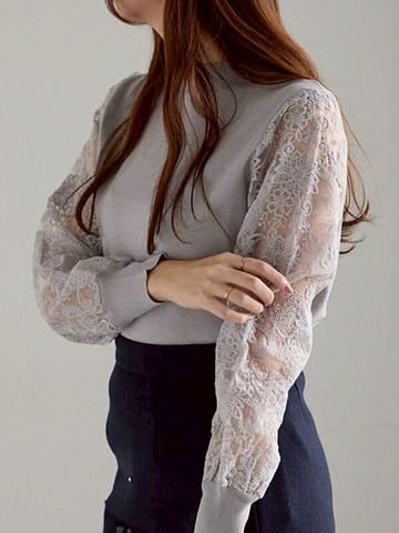 袖蕾絲透膚拼接針織微高領上衣(0F001381410) - Te chichi