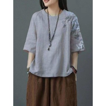 【雅韻衣櫥】大碼 中老年 女裝 夏裝 短袖 t恤 女 棉麻 刺繡 上衣 中年 媽媽 寬鬆 百搭 套裝