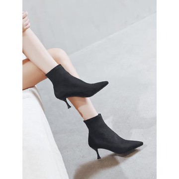 一代佳人黑色短靴細跟2024年新款秋冬季高跟彈力襪靴瘦瘦裸靴加絨