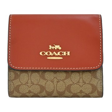 COACH 立體馬車LOGO 皮革拼接PVC三折短夾（卡其棕） _廠商直送