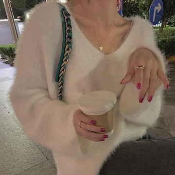 S-3XL 大尺碼毛衣 水貂絨毛衣 V領毛衣 韓版溫柔時尚風毛茸茸水貂絨v領毛衣女秋冬百搭寬鬆外穿