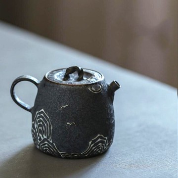 手工堆雕青花柴燒茶壺景德鎮手繪陶瓷功夫茶壺侘寂風一人飲泡茶壺