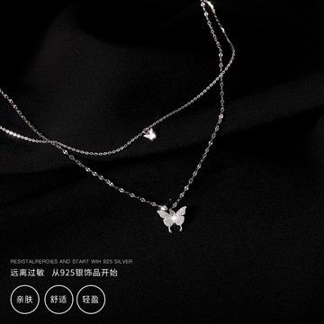 925純銀蝴蝶雙層項鏈女夏年新款小眾輕奢設計感鎖骨頸鏈配飾