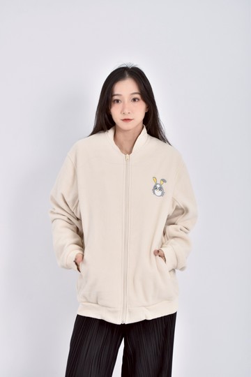 (XL) all wears中性寬鬆短絨拉鍊白色外套