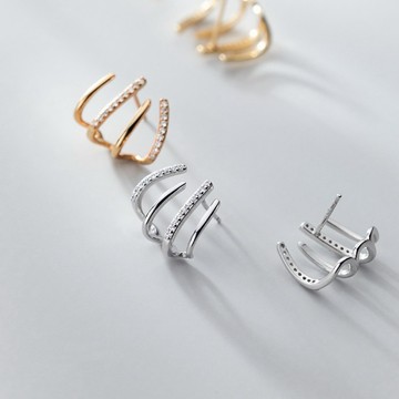 Sweet Air L43 日韓流行耳飾 S925銀針 微鑲鋯石線條爪形設計 耳針 耳環