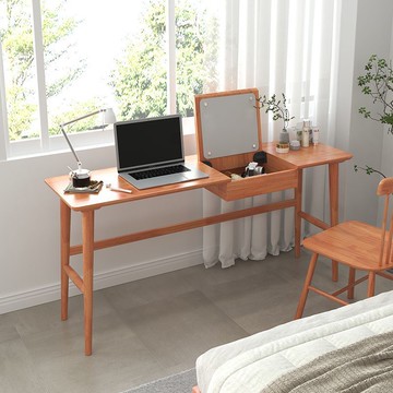 公司貨 超低價 全實木長條書桌化妝臺一體電腦桌家用學生雙人寫字桌梳妝臺多功能 快速發貨