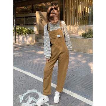 網紅寬松顯瘦高腰工裝牛仔背帶褲