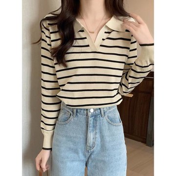 小V領氣質溫柔條紋撞色韓版打底衫2025春秋季長袖T恤女內搭上衣潮