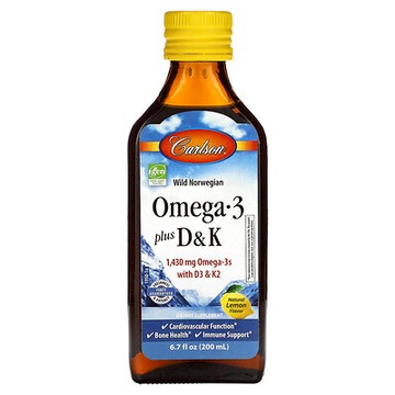 Carlson, Omega-3 脂肪酸 + D3 和 K2，天然檸檬味，1430 毫克，6.7 液量盎司（200 毫升）