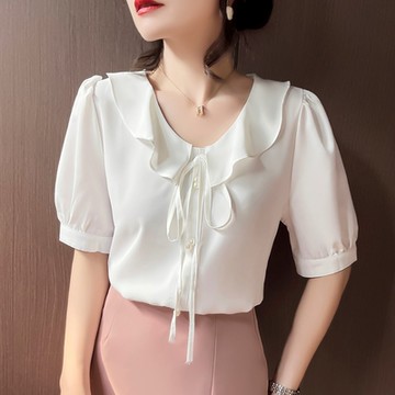 La Belleza圓領波浪荷葉領拼接綁帶立體珍珠造型雪紡衫