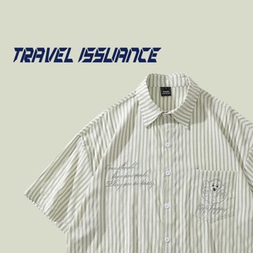 TRAVEL ISSUANCE藏起來的狗狗 日系趣味可愛刺繡復古條紋短袖上衣