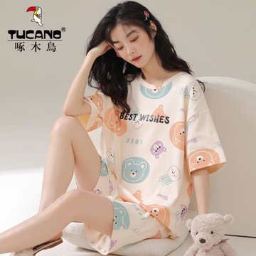 啄木鳥睡衣女夏天純棉短袖短褲兩件套休閑家居服2025年新款可外穿
