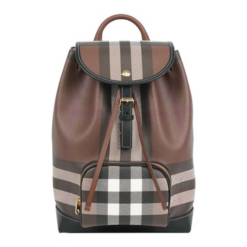 BURBERRY 經典格紋翻蓋束口後背包(暗樺木棕色)
