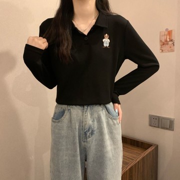 胖胖美依 上衣 長袖T卹 小衫 打底衫 S-2XL新款小熊刺繡寬鬆短上衣白色polo領長袖-9659.
