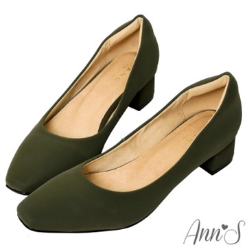 Ann’S真的很舒服-霧面皮革粗跟小方頭鞋-墨綠
