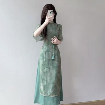 【桃喜Rich女裝】盪漾綠色旗袍 新中式漢服 中國風穿搭 改良復古百搭洋裝 年輕款少女奧黛連衣裙 宴客洋裝 收腰短袖長裙