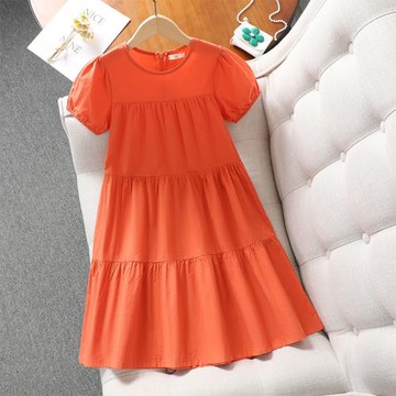 女童短袖連衣裙童裝2025夏季純色氣質款泡泡袖公主裙大童長裙純棉