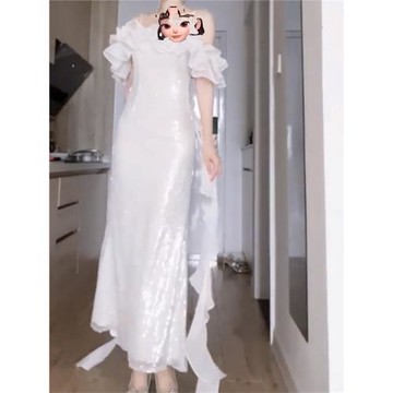 法式一字肩吊帶魚尾設計感晚禮服裙亮片主持人年會連衣裙高端長裙