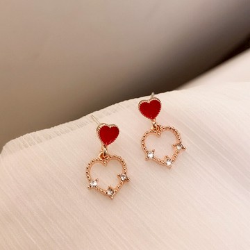 紅色桃心小耳釘女不對稱耳環超仙氣質韓版時尚耳飾簡約百搭