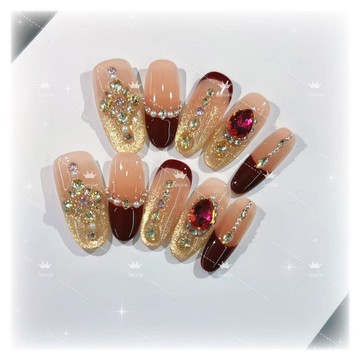 🎀純手工穿戴甲🎀新款8手工穿戴甲秋冬高級輕奢香檳碎鑽貓眼爆閃顯白純手工穿戴甲新年美甲貼片顯白美甲片高級感穿戴甲 KQCI