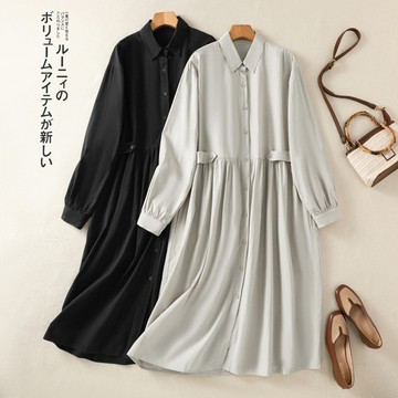 寬鬆純色棉質長袖連衣裙洋裝(KDDY-9569)