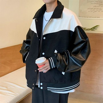 【二十三歲-男裝外套】臺灣出貨pu皮拼接外套男女春秋季潮牌美式復古痞帥上衣寬鬆情侶休閒夾克衫
