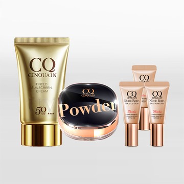 【買2送3】CQ思珂 超水感高效防曬精華SPF50/清透裸肌潤色防曬乳SPF50*1+星魅晶透裸肌蜜粉*1+CQ思珂 天生美肌恆霧粉底5ML*3