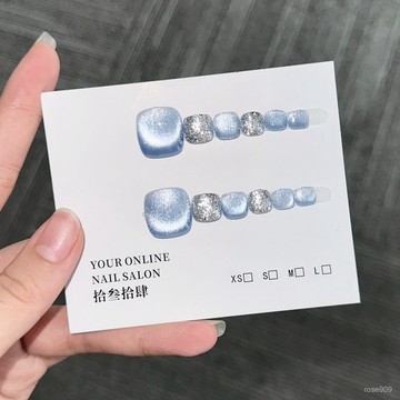 💅秒殺❤️超慾💅純手工-2025爆款定製大小姐閃耀霧霾藍網紅純手工穿戴美甲腳甲-09腳趾甲穿戴甲 BDER