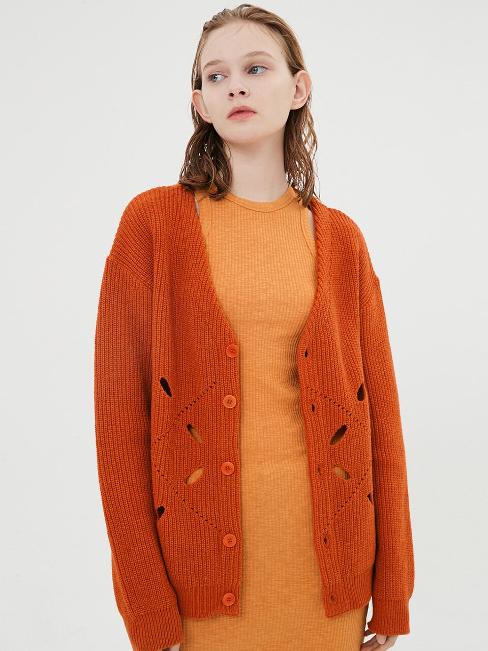 MOONSUN Unisex Argyle Hole Knit Cardigan (Orange)