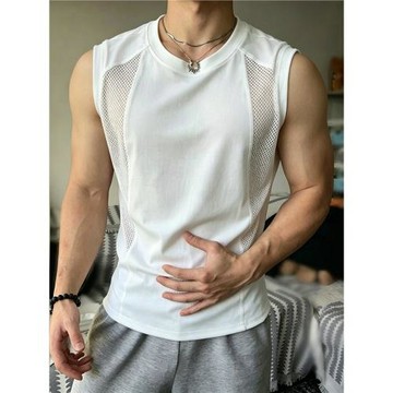白色網眼冰絲透氣背心男夏季薄款速干運動坎肩硬漢穿搭無袖t恤衫