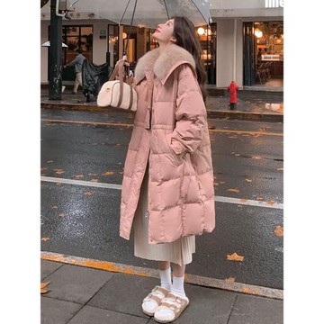 設計感收腰粉色羽絨服女冬中長款狐貍毛領2025新款加厚白鴨絨外套