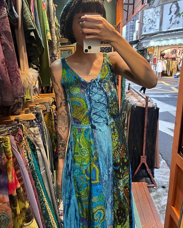 喜迎瑤 尼泊爾 植物染 連身裙 洋裝 蕾絲 拼接裙 嬉皮 民族風