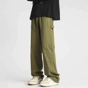 軍綠色工裝褲男直筒寬松闊腿褲美式復古高街vibe褲子春秋休閑長褲