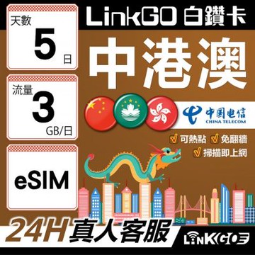 LINKGO白鑽卡 中港澳 eSIM卡 5天上網卡 每日3GB 無速流量 免翻牆可熱點(中港澳網卡 中國 大陸 香港 澳門 虛擬卡)