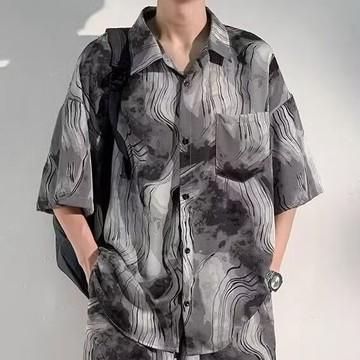 M-4XL夏季 新款 水墨扎染 短袖 襯衫 男女休閒 男生 痞帥  薄款  短袖襯衣 百搭 襯衫男 （L3720）
