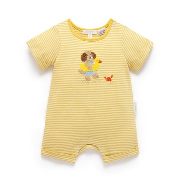 澳洲Purebaby有機棉嬰兒短袖連身衣 / 新生兒包屁衣 黃條紋