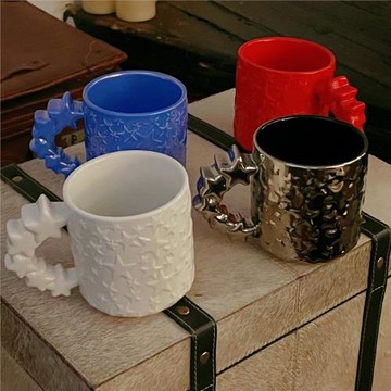 北歐ins陶瓷馬克杯立體星星杯手柄杯五彩電鍍炫彩大容量女生水杯