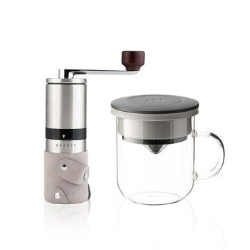 PO: 丹麥手沖咖啡二件組(不鏽鋼咖啡磨2.0-灰/咖啡玻璃杯350ml-共4色)