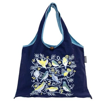 日本 PRAIRIE DOG - 精緻刺繡尼龍折疊購物袋/肩背包-山中鳥兒-深藍x淺藍