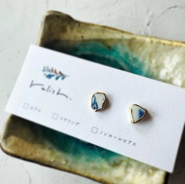 【再販】藍白 金繼  समुद्रा陶器 耳環 耳夾 無耳洞耳環 藍 金 白 簡約 小巧 精緻 禮物 贈禮 日式 陶器