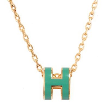 HERMES MINI POPH 經典鏤空橢圓H飾鎖骨項鍊(金/孔雀綠)