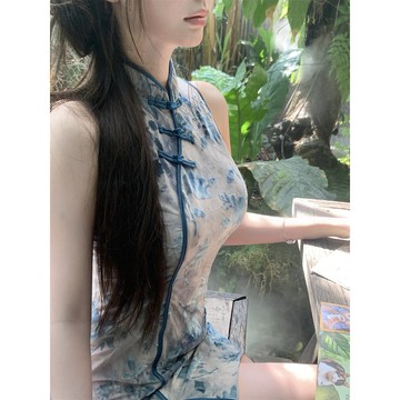 海藍碎珀新中式旗袍連身裙春夏新款女國風小個子