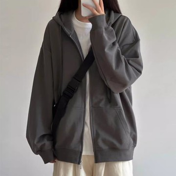 美式連帽衛衣女春秋款寬松慵懶風外衣深灰色加絨拉鏈開衫秋冬外套