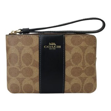 COACH 滿版PVC皮革L型拉鍊手拿包(深卡其x褐黑)小款
