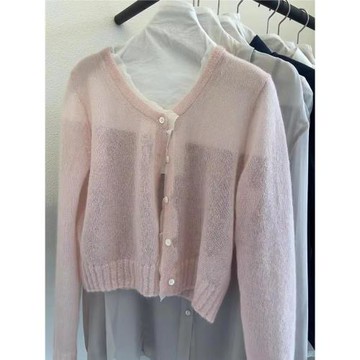 【現貨】韓國東大門復古法式tan*at溫柔甜美粉色拼接毛衣針織開衫