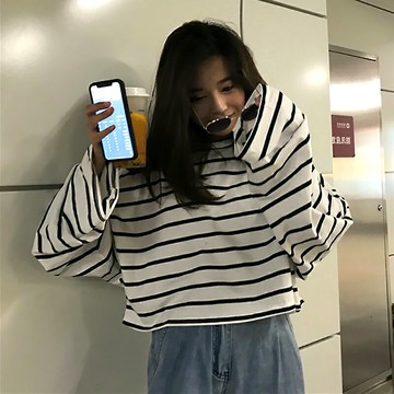 古著ins超火高腰條紋長袖t恤女寬松韓版潮原宿風薄款露臍裝上衣服