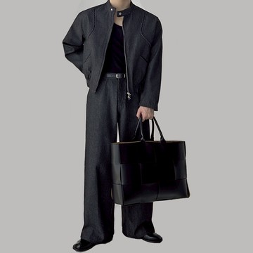 正韓條紋牛仔剪裁短版休閒套裝 夾克外套 休閒寬褲 黑色 YUPPIE 預購商品 0310