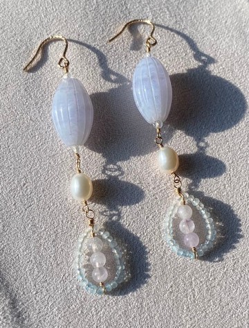 藍蕾絲瑪瑙 天然珍珠 海藍寶 薰衣草紫晶 托帕石 || 14KGF 耳環