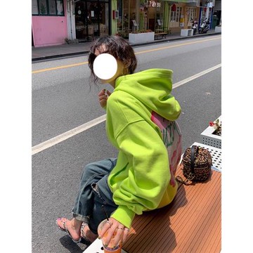 熒光綠愛心印花連帽衛衣女2025秋冬新款美式復古vintage寬松上衣